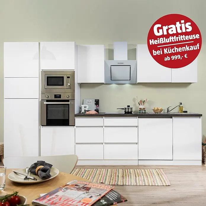 Respekta Premium Küchenzeile Lorena - Breite: 345 cm, Weiß, Hochglänzend, Dekor Arbeitsplatte: Steinoptik, Mit Elektrogeräten - Moderne weiße Küche mit integrierten Edelstahlgeräten, dunkler Arbeitsplatte und rotem Sticker für gratis Heißluftfritteuse.