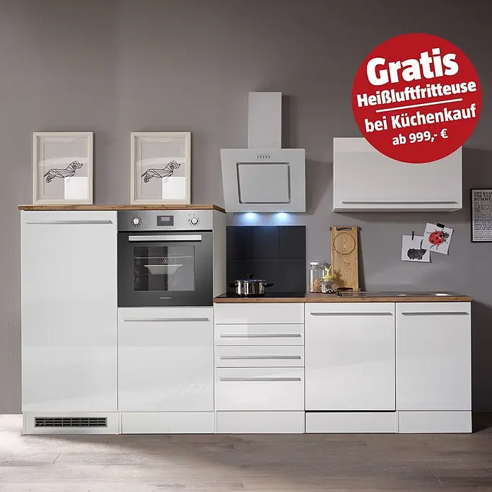 Respekta Premium Küchenzeile Gabriel - Breite: 290 cm, Weiß, Mit Elektrogeräten - Weiße modulare Küchenzeile mit Holzarbeitsplatte, integriertem Backofen, Kochfeld und weißer Dunstabzugshaube.