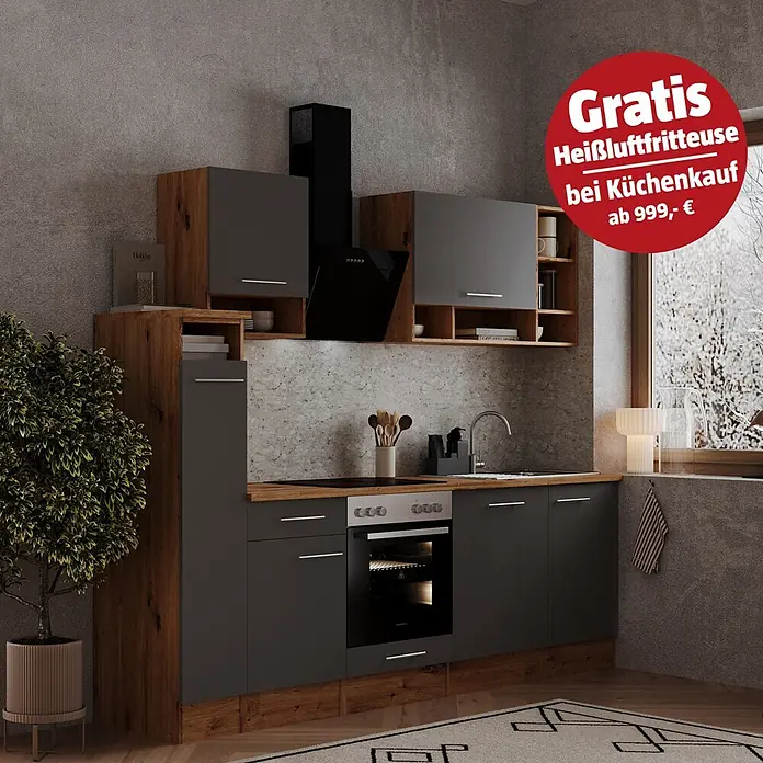Respekta Küchenzeile Hilde - Breite: 250 cm, Grau, Mit Elektrogeräten - Moderne Einbauküche in Dunkelgrau und Holzoptik mit integriertem Backofen, Kochfeld und Spüle.