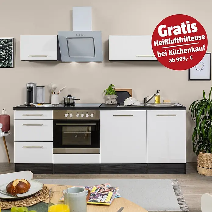 Respekta Premium Küchenzeile RP220EWCBO - Breite: 220 cm, Weiß, Mit Elektrogeräten - Weiße Küchenzeile mit dunkler Arbeitsplatte, integriertem Backofen, Kochfeld, Spüle und rotem Angebot für gratis Heißluftfritteuse.