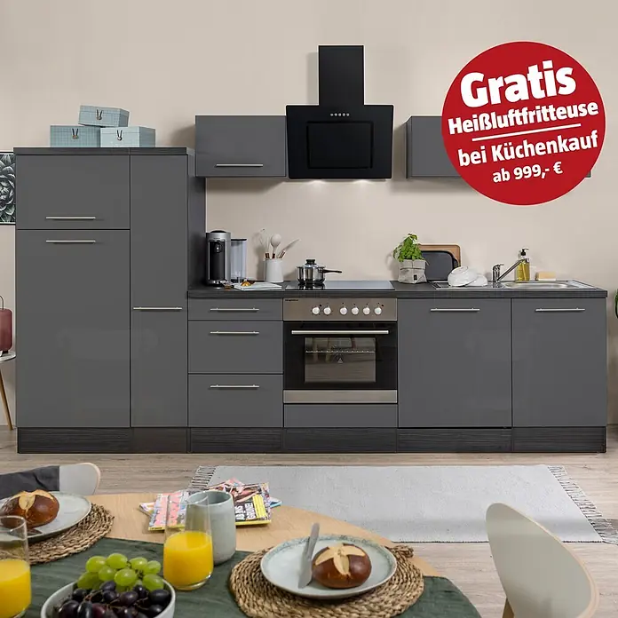 Respekta Premium Küchenzeile RP310EGCBO - Breite: 310 cm, Grau, Mit Elektrogeräten - Moderne dunkelgraue Hochglanz-Einbauküche mit integriertem Backofen, Kochfeld, Spüle und passender Dunstabzugshaube, in einem zeitgenössischen Zuhause.