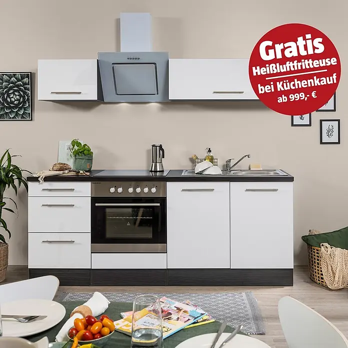 Respekta Premium Küchenzeile RP210EWCBO - Breite: 210 cm, Weiß, Mit Elektrogeräten - Moderne weiße Küchenzeile mit schwarzer Arbeitsplatte, Ofen, Kochfeld und Spüle. Inkl. gratis Heißluftfritteuse ab 999,- € Küchenkauf.