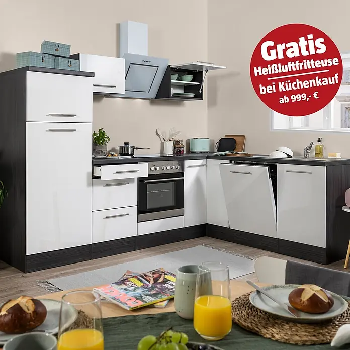 Respekta Premium Winkelküche RP260EWCBO - B x T: 260 x 60 cm, Weiß, Mit Elektrogeräten - Moderne L-förmige Küche in Weiß und Dunkelgrau mit integrierten Geräten. Inklusive Gratis Heißluftfritteuse bei Kauf ab 999,- €.