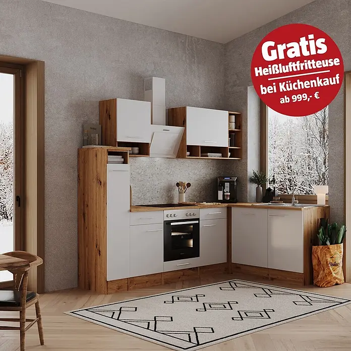 Respekta Winkelküche Hilde - Breite: 250 cm, Weiß, Matt, Holzoptik, Mit Elektrogeräten - Moderne Eckküche mit weißen Schränken, hellen Holzfronten und Betonoptik-Rückwand. Gratis Heißluftfritteuse ab 999,- € Kücheneinkauf.