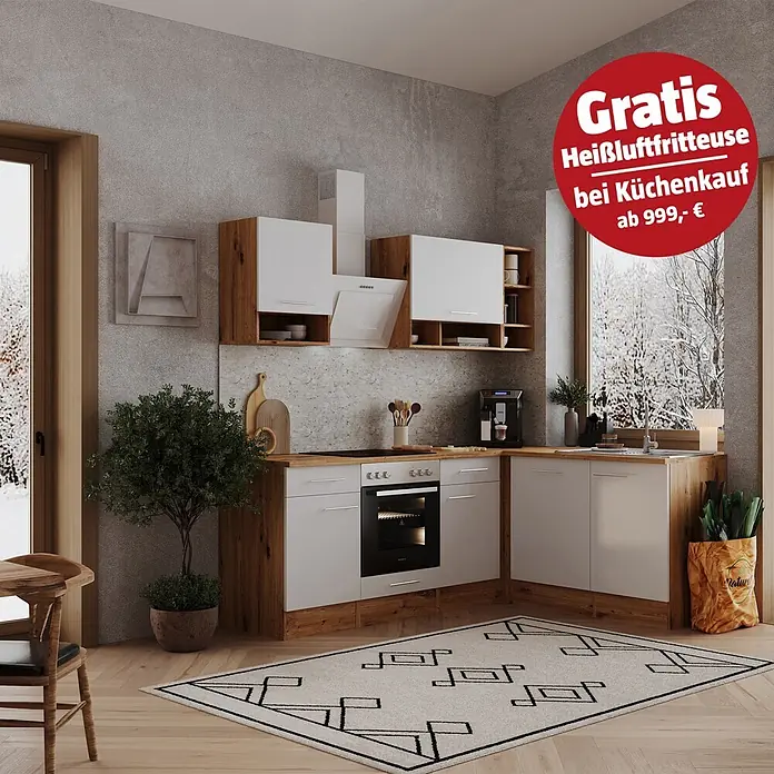 Respekta Winkelküche Hilde - Breite: 220 cm, Weiß, Matt, Holzoptik, Mit Elektrogeräten - Moderne Eckküche mit weißen und Holzdekor-Schränken, Geräten und Gratis-Heißluftfritteuse-Angebot.