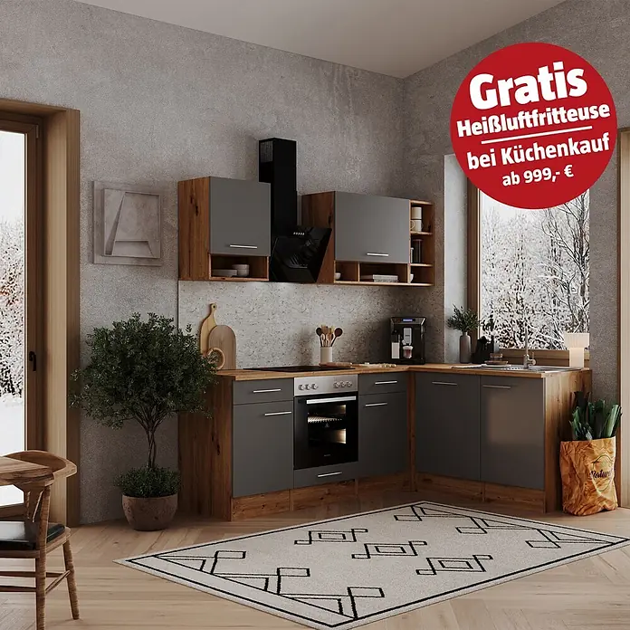 Respekta Winkelküche Hilde - Breite: 220 cm, Grau, Matt, Holzoptik, Mit Elektrogeräten - Moderne L-Küche mit grauen Schränken und Holzakzenten, inklusive Einbaugeräten.