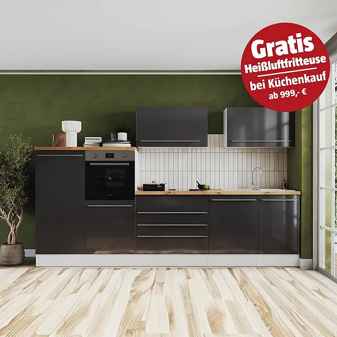 Respekta Premium Küchenzeile Gabriel - Breite: 320 cm, Grau, Mit Elektrogeräten, Induktionskochfeld mit integrierter Dunstabzugshaube - Moderne schwarze Küchenzeile mit Holzarbeitsplatte, integriertem Backofen, Kochfeld und Spüle.