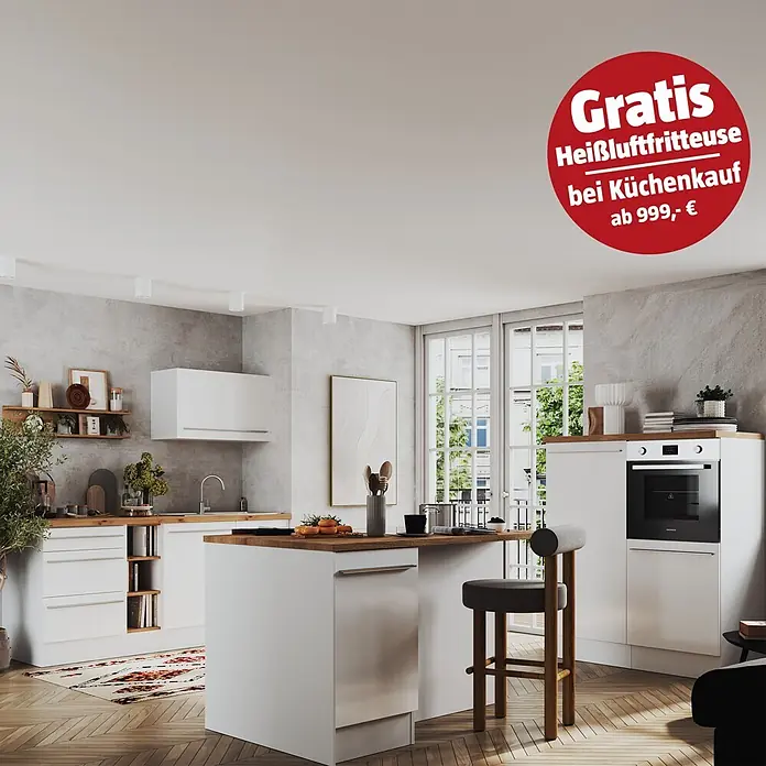 Respekta Inselküche Gabriel - Breite: 320 cm, Weiß, Mit Inselhaube, Mit Elektrogeräten - Moderne Küche mit weißen Schränken und rotem Angebotskreis: „Gratis Heißluftfritteuse beim Küchenkauf ab 999,- €.“