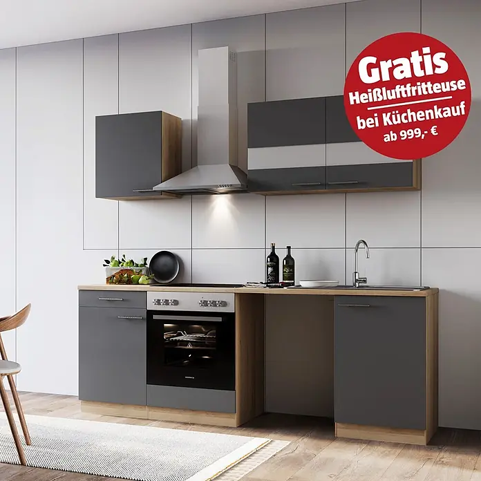 Respekta Küchenzeile Merle - Breite: 220 cm, Grau, Mit Elektrogeräten, Mit Waschmaschinennische - Moderne Küche: graue Schränke, Holzarbeitsplatte, Ofen, Kochfeld, Spüle, Dunstabzug. Gratis Heißluftfritteuse ab 999€ Küchenkauf.