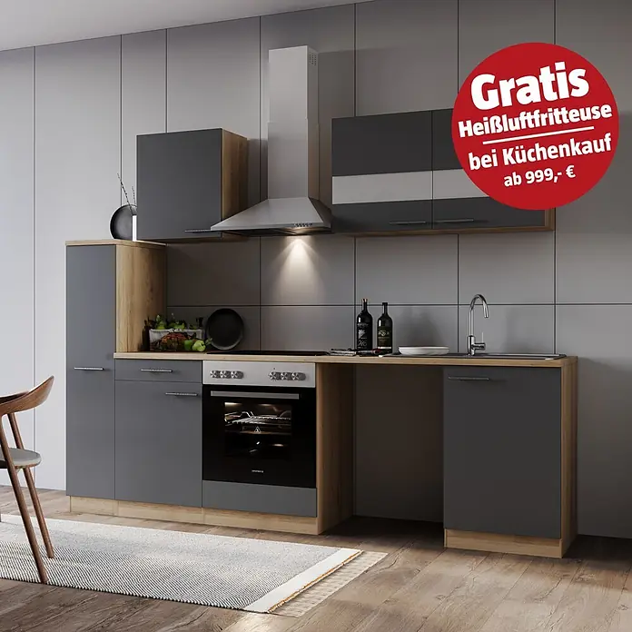 Respekta Küchenzeile Merle - Breite: 250 cm, Grau, Mit Elektrogeräten, Mit Waschmaschinennische - Moderne grau-holzfarbene Küche mit Geräten. Gratis Heißluftfritteuse ab 999,- € Kücheneinkauf.