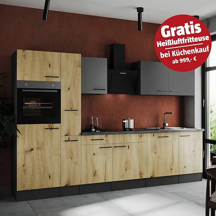 Respekta Olivia Küchenzeile - Breite: 310 cm, Artisan Eiche Nachbildung/Grau, Mit Elektrogeräten - Moderne Küche mit Holzdekor-Unterschränken und dunkelgrauen Oberschränken, inkl. Ofen, Kochfeld, Spüle. Gratis Heißluftfritteuse ab 999 €.