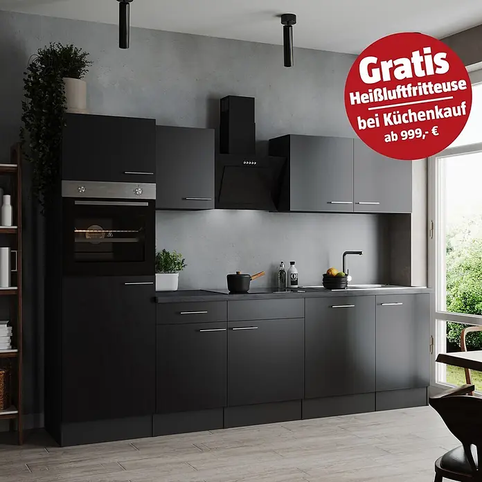 Respekta Olivia Küchenzeile - Breite: 280 cm, Schwarz, Mit Elektrogeräten - Moderne Küche mit schwarzen und dunkelgrauen Schränken, eingebautem Backofen, Kochfeld, Spüle und Dunstabzugshaube.
