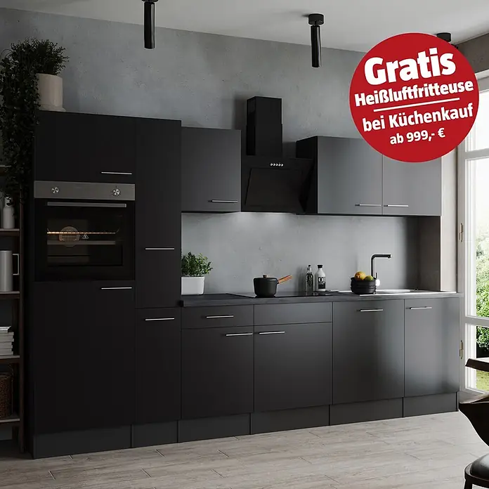 Respekta Olivia Küchenzeile - Breite: 310 cm, Schwarz, Mit Elektrogeräten - Moderne dunkelgraue Küche mit schwarzen Geräten und Arbeitsplatte, inklusive Backofen und einem roten Angebot für eine gratis Heißluftfritteuse.