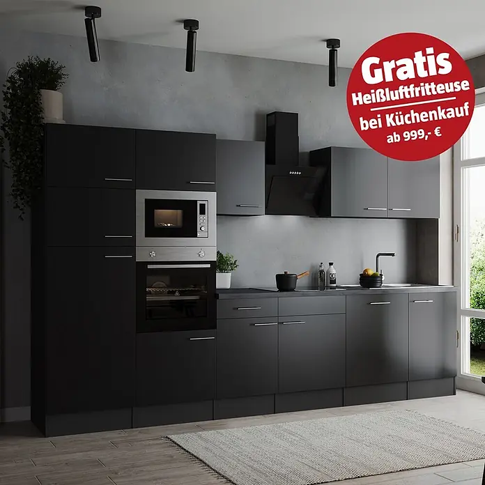 Respekta Olivia Küchenzeile - Breite: 340 cm, Schwarz, Mit Elektrogeräten - Eine moderne dunkelgraue Küche mit integrierten Edelstahlgeräten und einem Gratis-Heißluftfritteusen-Angebot.