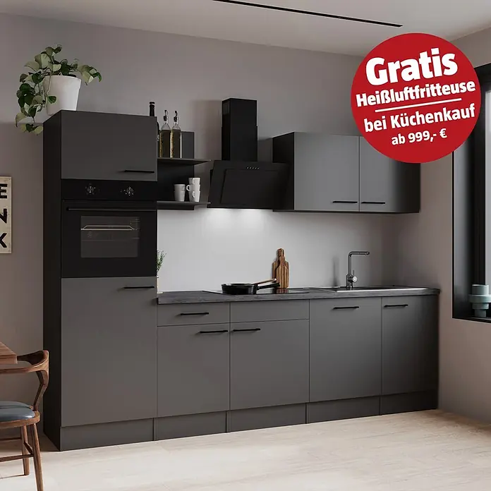 Respekta Oliver Küchenzeile - Breite: 280 cm, Grau, Geschirrspüler | Kochfeld | Kühlschrank | Backofen