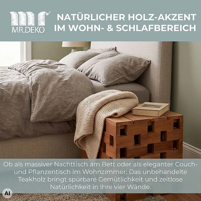 Beistelltisch/Hocker Dunham Teak -  - Unbehandelter Teakholz-Beistelltisch neben einem Bett, mit Buch und Strickdecke, als natürlicher Akzent für Wohn- und Schlafbereiche.