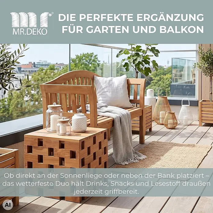 Beistelltisch/Hocker Dunham Teak -  - Wetterfestes Holz-Sitzbank und passender Beistelltisch auf einem Balkon. Praktisch für Getränke und Lesestoff im Garten.