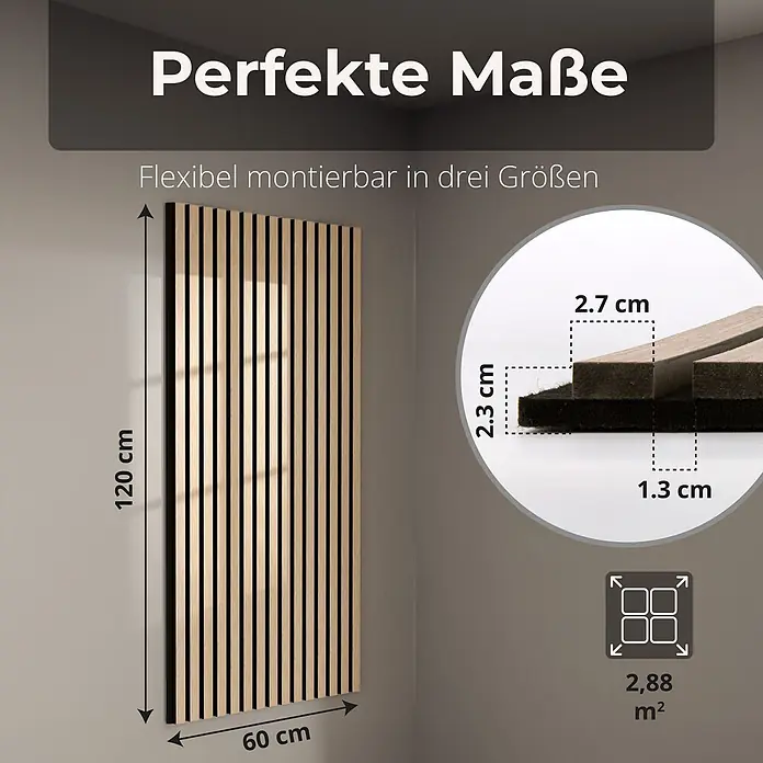 Dalsys Akustikpaneel 4x 120 x 60cm Eiche Hell - Beige - Akustikwandpaneel mit hellen Holzlamellen auf dunklem Filz, 120x60 cm. Paneeltiefe 2,3 cm; Lamellen 2,7 cm breit, Filz 1,3 cm tief. Gesamtfläche 2,88 m².