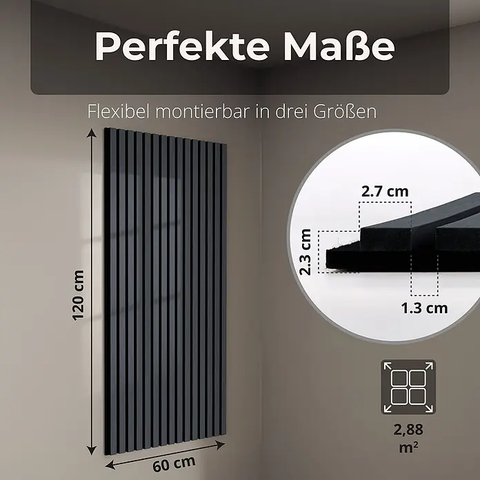 Dalsys Akustikpaneel 4x 120 x 60cm Eiche Schwarz - Schwarz - Dunkelgraues Akustik-Lamellenwandpaneel (120x60 cm), Fläche 2,88 m², mit Querschnittdetails (2,3/2,7/1,3 cm).