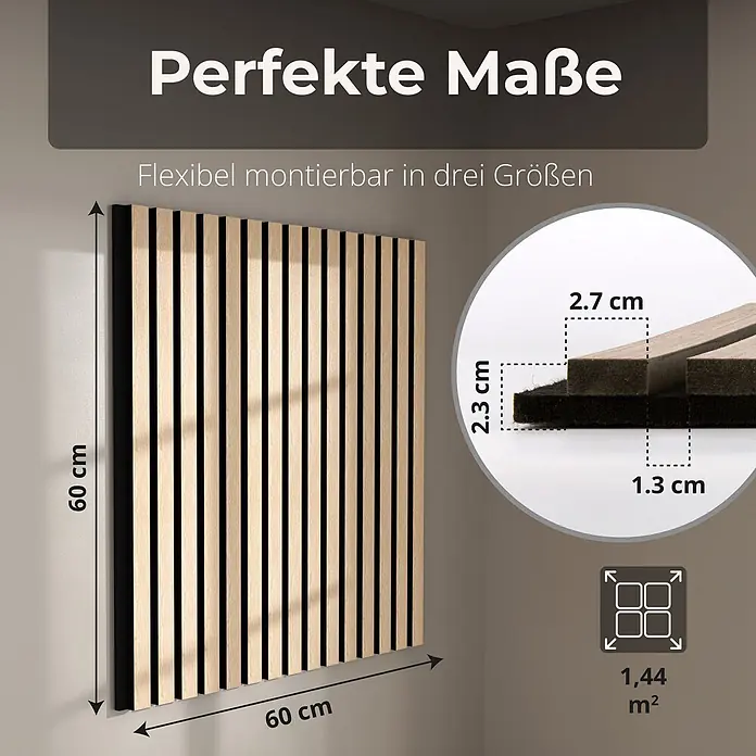 Dalsys Akustikpaneel 4x 60 x 60cm Eiche Hell - Beige - Akustikpaneel mit hellen Holzlamellen auf dunklem Filz, 60x60 cm, mit detaillierten Maßen. Deckt 1,44 m² ab und ist flexibel montierbar.