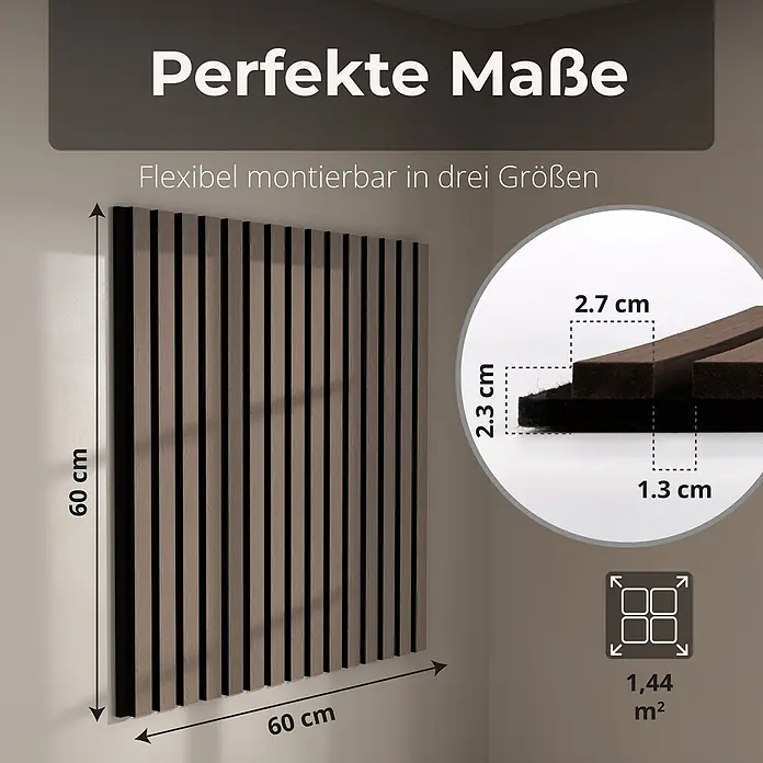 Dalsys 4x Akustikpaneele 60x60cm mit Lamellen Walnuss -  - Quadratisches Akustikpaneel mit Holzlamellen auf dunklem Filz, Maße: 60x60 cm, 2,3 cm Tiefe. Lamellen: 2,7 cm breit, 1,3 cm tief.