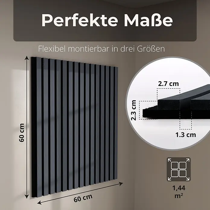 Dalsys 4x Akustikpaneele 60x60cm mit Lamellen Eiche Schwarz -  - Dunkelgraue Akustikwandpaneele mit Lamellen, 60x60 cm. Lamellen sind 2,7 cm breit und 1,3 cm tief, auf einer 2,3 cm dicken Unterlage montiert.