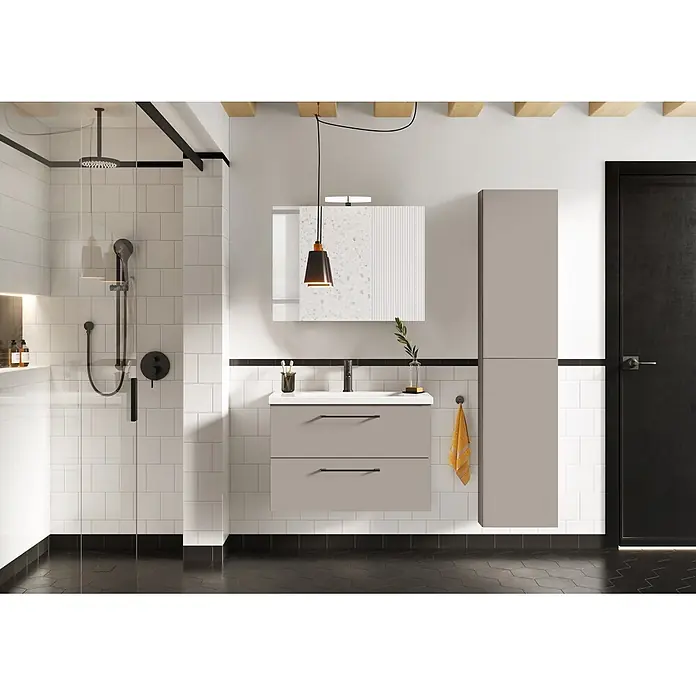 Riva Compact Bad-Hochschrank Compact/Moon/Lynn - B x T x H: 40 mm x 12,6 cm x 180 cm, Fume Matt - Modernes Badezimmer mit grauem Waschtisch, schwarzen Duscharmaturen und hohem Badschrank, funktional gestaltet.