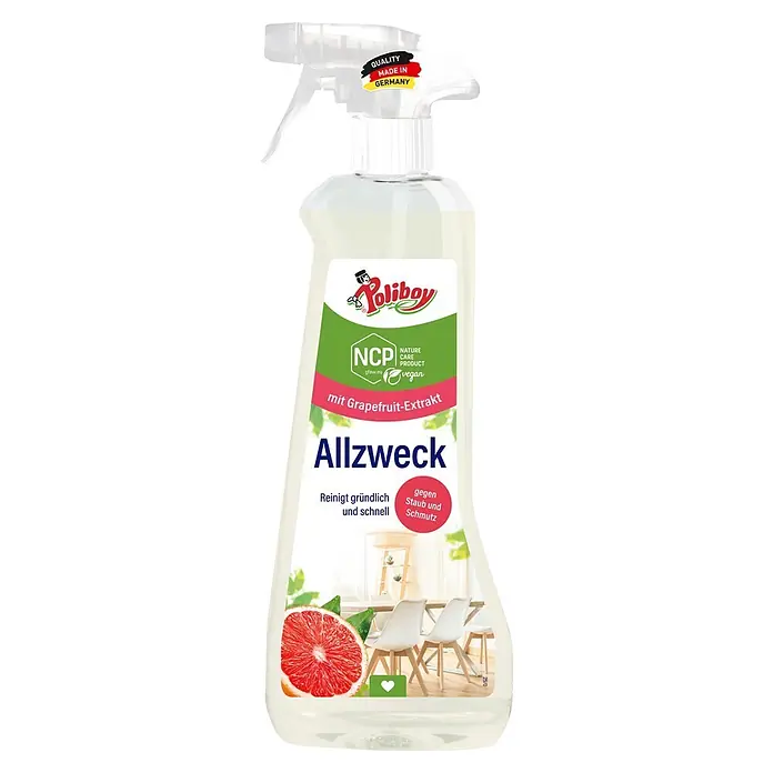 Poliboy Allzweckreiniger NCP - 500 ml, Flasche mit Sprühkopf - Poliboy Allzweckreiniger Sprühflasche mit Grapefruit-Extrakt. Weiße Flasche, weißer Sprühkopf, mit "Made in Germany" und Vegan-Siegel.