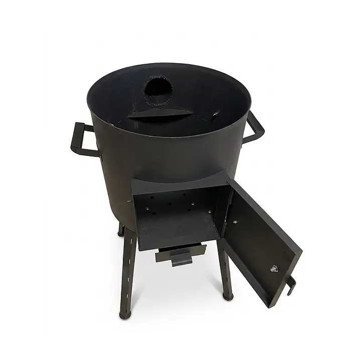 Garten Dream Holzkohlegrill - Grillfläche (B x T): 40 x 40 cm, Durchmesser Grillfläche: 40 cm, Anthrazit - Schwarzer Metall-Outdoor-Kocher mit zylindrischem Korpus, seitlicher Brenntür und Topföffnung oben auf Beinen.
