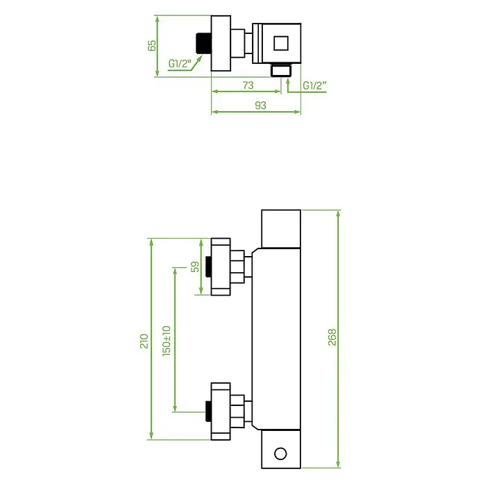 Bad Land UP-Brausethermostat KVADRATO UP-Brausethermostat Silber - Eckig, Silber, Glänzend - Technische Zeichnung einer Wand-Duscharmatur mit G1/2"-Anschlüssen und Maßangaben.