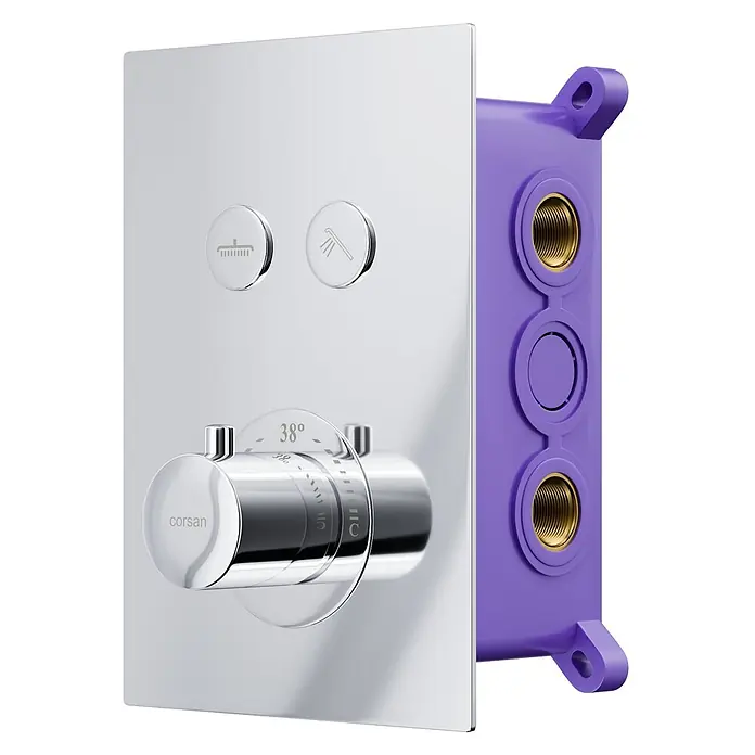 Bad Land UP-Brausethermostat BOX UP-Brausethermostat Chrom - Eckig, Chrom, Matt - Verchromter Thermostat-Duschmischer mit zwei Auslauftasten und einem Temperaturregler auf 38°, mit violettem Gehäuse.