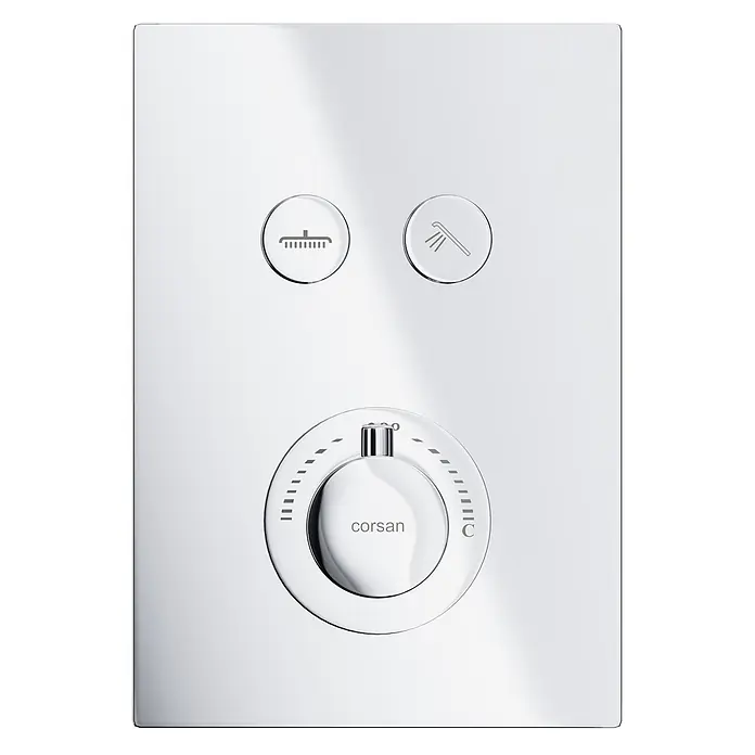 Unterputz Brausearmatur Thermostatisch BOX Verdeckter Einbau Mischer für Badezimmer in Chrom -  - Chrom-Duschbedienfeld mit zentralem Temperaturregler und zwei runden Tasten für Kopf- und Handbrause.