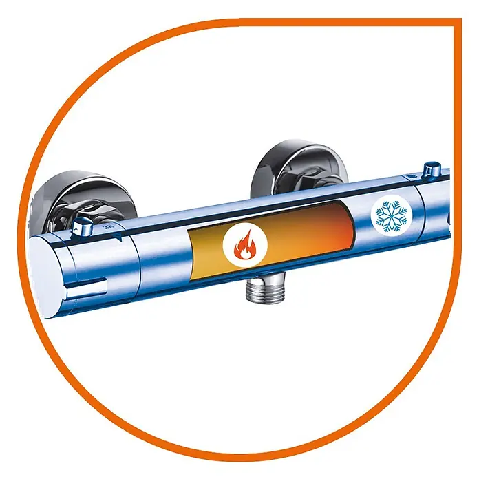 Brausearmatur Wasserhahn COOL TOUCH Brausebatterie für Badezimmer in Silber -  - Chromfarbene Thermostat-Duscharmatur, die Heiß- (Flamme) und Kaltwasser- (Schneeflocke) Symbole mit einer 38°C Temperaturmarkierung zeigt.