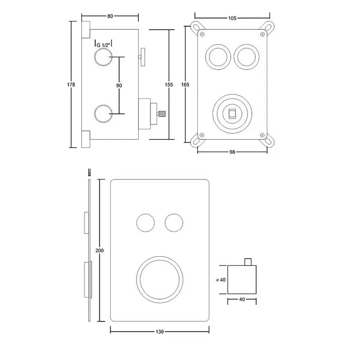 Bad Land UP-Brausethermostat BOX UP-Brausethermostat Chrom - Eckig, Chrom, Matt - Technische Zeichnungen eines Unterputz-Duschmischers, mit Vorder-, Seitenansicht und Einbaukasten-Maßen.