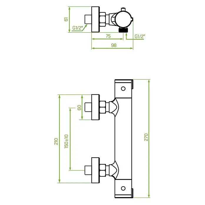 Brausearmatur Thermostatisch TERMICO Brausebatterie für Badezimmer in Silber -  - Technische Zeichnung einer Armatur mit Maßen, G1/2"-Anschlüssen und Montagedetails.