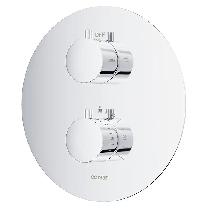 Komplettes Duschsystem Thermostatisch LUGO Unterputz Armatur Wasserhahn mit Kopfbrause in Chrom -  - Verchromte Thermostat-Duscharmatur mit zwei runden Drehknöpfen zur Durchfluss- und Temperaturregelung, beschriftet mit "OFF" und "38".