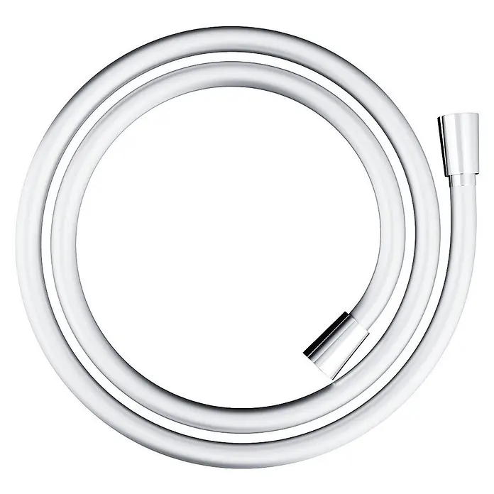 Bad Land UP-Brausethermostat LUGO Duschsystem Set thermostatisch UP mit Kopfbrause Chrom - Eckig, Chrom, Matt - Weiße Brauseschlauch mit verchromten Anschlüssen, aufgerollt.
