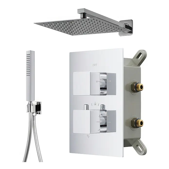 Komplettes Duschsystem Thermostatisch ANGO Unterputz Armatur Wasserhahn mit Kopfbrause in Chrom -  - Verchromtes Duschset mit quadratischer Kopfbrause, Handbrause und Thermostatmischer.