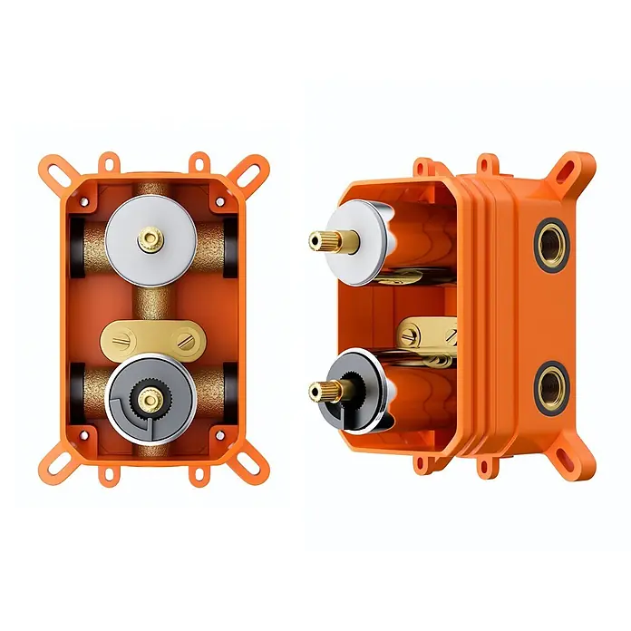 Bad Land UP-Brausethermostat LUGO Duschsystem Set thermostatisch UP mit Kopfbrause Chrom - Eckig, Chrom, Matt - Oranges Kunststoff-Unterputz-Duschmischergehäuse mit internen Messingkomponenten.
