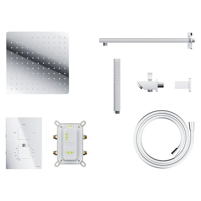 Komplettes Duschsystem Thermostatisch ANGO Unterputz Armatur Wasserhahn mit Kopfbrause in Chrom -  - Ein komplettes Duschsystem aus Chrom, bestehend aus quadratischem Regenduschkopf, Handbrause, Schlauch, Brausearm und thermostatischem Mischer mit Bedienfeld.
