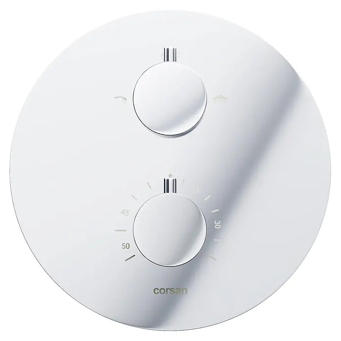 Bad Land UP-Brausethermostat LUGO Duschsystem Set thermostatisch UP mit Kopfbrause Chrom - Eckig, Chrom, Matt - Verchromte runde Duscharmatur mit zwei Drehreglern: für Duschausgang und Temperatur (30-50°C).