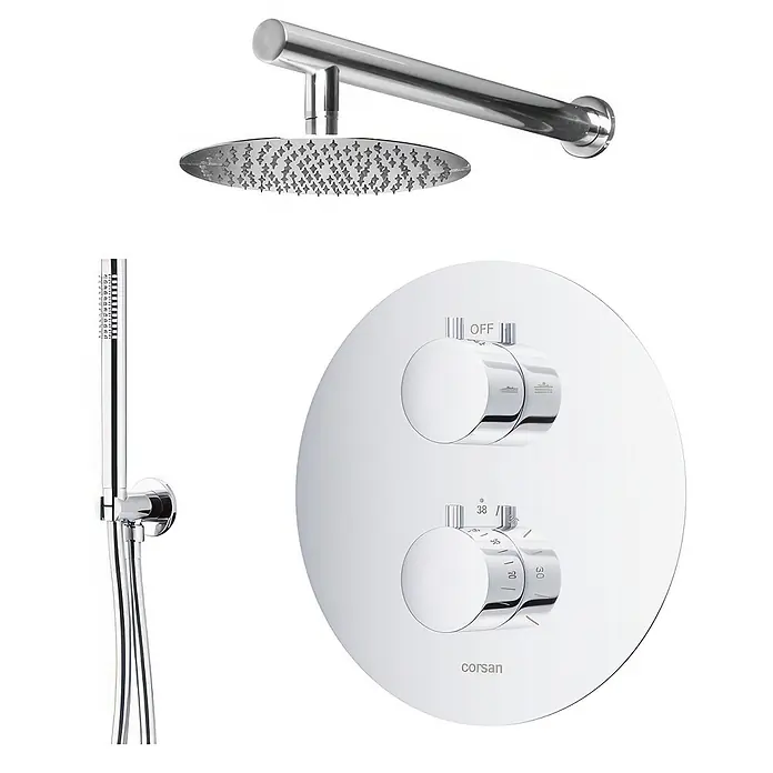 Bad Land UP-Brausethermostat LUGO Duschsystem Set thermostatisch UP mit Kopfbrause Chrom - Eckig, Chrom, Matt - Duschsystem aus poliertem Chrom mit rundem Kopfbrause, schlanker Handbrause und rundem Wandmischer mit zwei Bedienelementen.