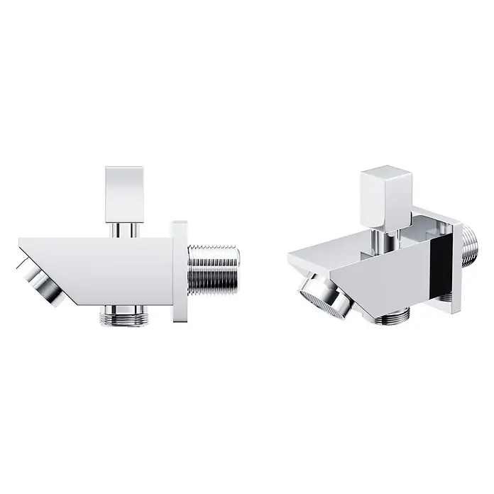 Bad Land UP-Brausethermostat ANGO Duschsystem Set thermostatisch UP mit Kopfbrause Chrom - Eckig, Chrom, Matt - Glänzendes, verchromtes Eckventil mit quadratischem Design, rechteckigem Griff und Gewindeanschlüssen.