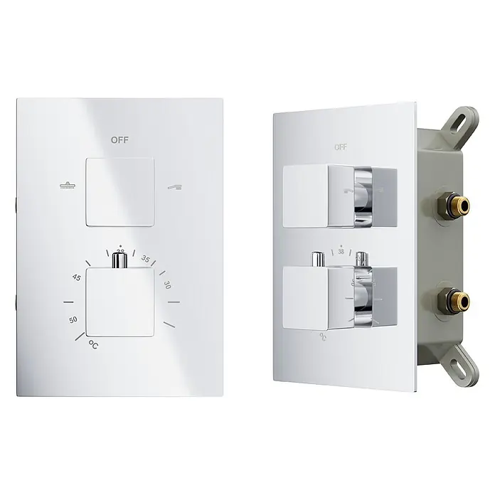 Komplettes Duschsystem Thermostatisch ANGO Unterputz Armatur Wasserhahn mit Kopfbrause in Chrom -  - Moderner Duschthermostat aus Chrom mit quadratischen Bedienelementen. Der obere Knopf wählt zwischen Kopf- und Handbrause, der untere regelt die Temperatur von 20-50°C.