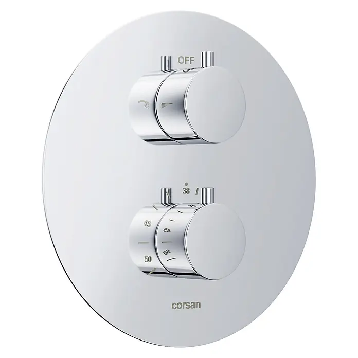 Komplettes Duschsystem Thermostatisch LUGO Unterputz Armatur Wasserhahn mit Kopfbrause in Chrom -  - Verchromte Thermostat-Brausearmatur von Corsan mit zwei runden Reglern für Temperatur (38, 45, 50) und Brauseart.