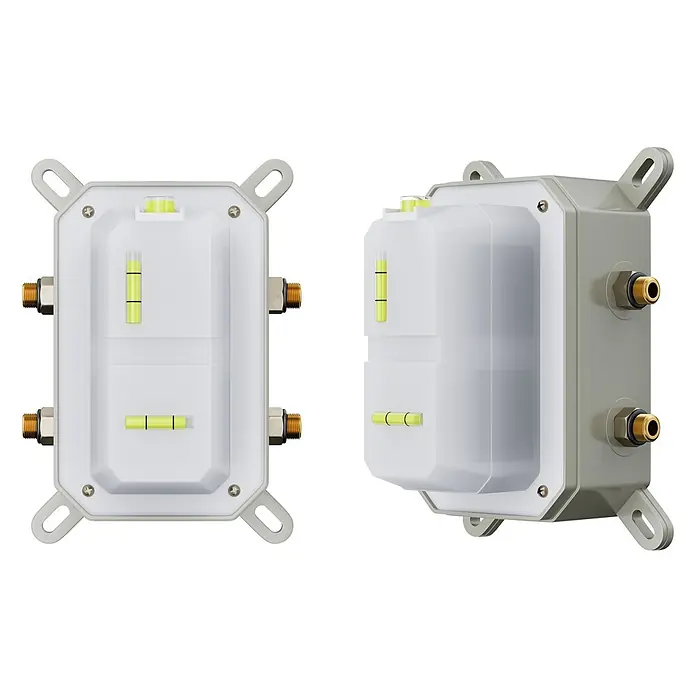 Bad Land UP-Brausethermostat ADOUR Duschsystem Set thermostatisch UP mit Kopfbrause Schwarz - Eckig, Schwarz, Matt - Helles graues Rechteckgehäuse mit Messingbeschlägen und internen Wasserwaagen zur präzisen Montage.