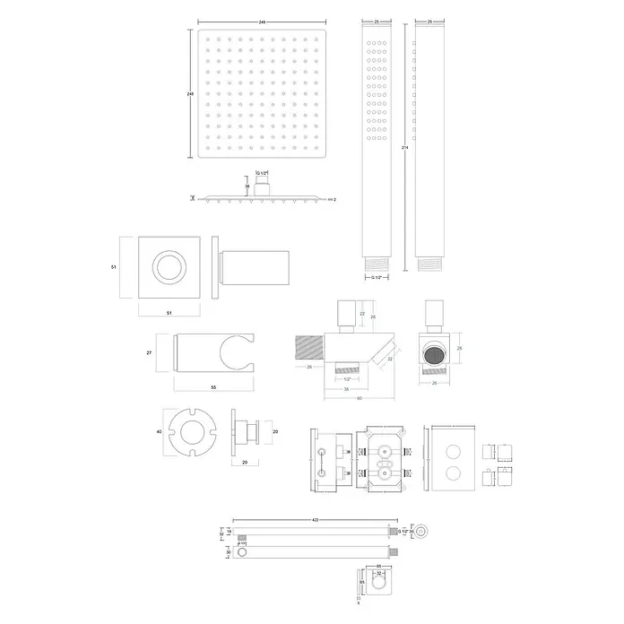 Bad Land UP-Brausethermostat ANGO Duschsystem Set thermostatisch UP mit Kopfbrause Chrom - Eckig, Chrom, Matt - Technische Zeichnungen eines Duschsystems mit detaillierten Maßen für Kopfbrause, Handbrause, Wandhalterung und Mischbatterie.