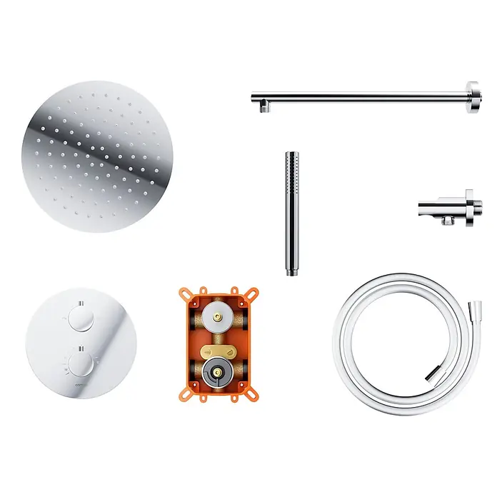 Komplettes Duschsystem Thermostatisch LUGO Unterputz Armatur Wasserhahn mit Kopfbrause in Chrom -  - Chrom-Duschsystem-Set mit Kopfbrause, Handbrause, Schlauch, Thermostatmischer und Unterputzdose.