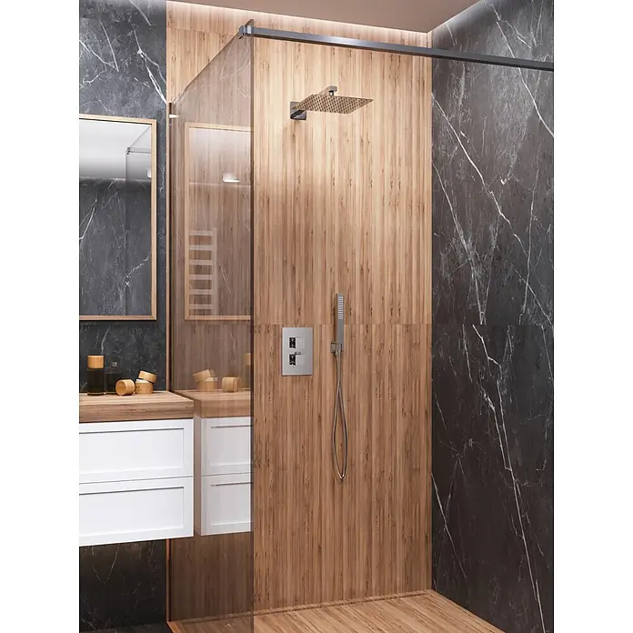 Komplettes Duschsystem Thermostatisch ANGO Unterputz Armatur Wasserhahn mit Kopfbrause in Chrom -  - Modernes Duschsystem mit quadratischem Duschkopf und Handbrause in einer Holzduschkabine mit dunklem Marmor.