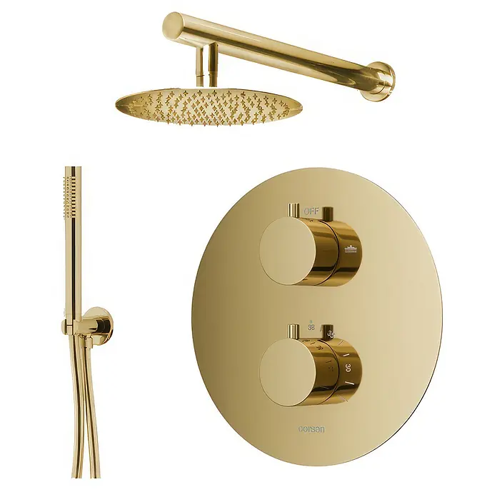 Bad Land UP-Brausethermostat LUGO Duschsystem Set thermostatisch UP mit Kopfbrause Gold - Eckig, Gold, Glänzend - Goldfarbenes Duschsystem mit Regenduschkopf, Handbrause und rundem Bedienfeld.